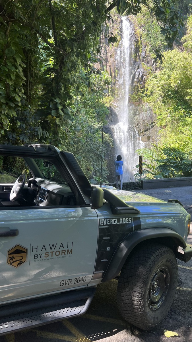 Open-air Hawaii By Storm Bronco at a Maui waterfall stop
