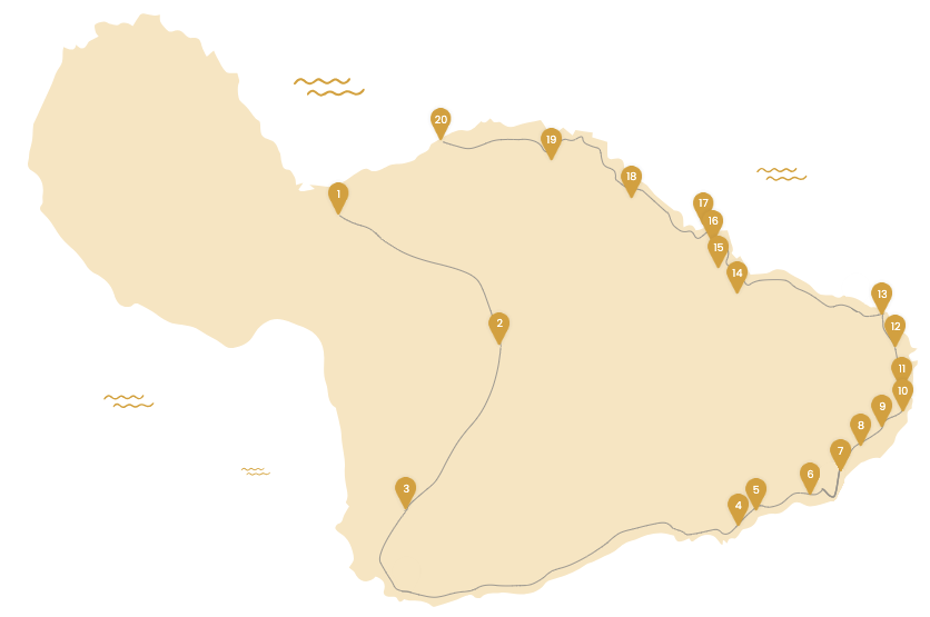 Illustrated Maui map showing the 20-stop Famous Epic Hāna route