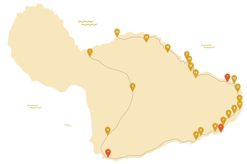Illustrated Maui map showing the 20-stop Famous Epic Hana route