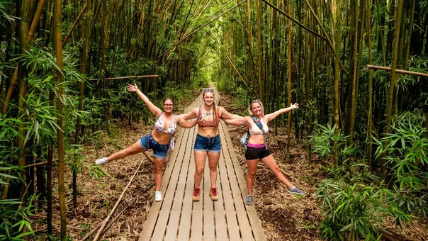 Guests on the Pipiwai Trail boardwalk inside the bamboo forest