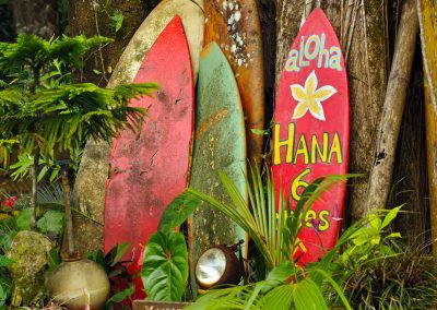 Colorful surfboards welcoming visitors to Hana
