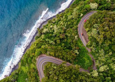 Aerial view of the winding Road to Hana beside the coast