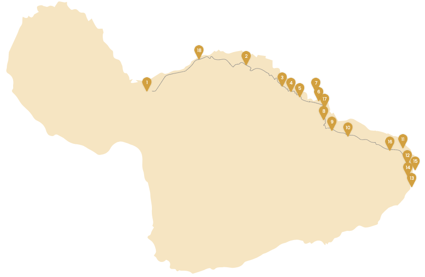 Illustrated Maui map showing the 18-stop Hāna and Back route