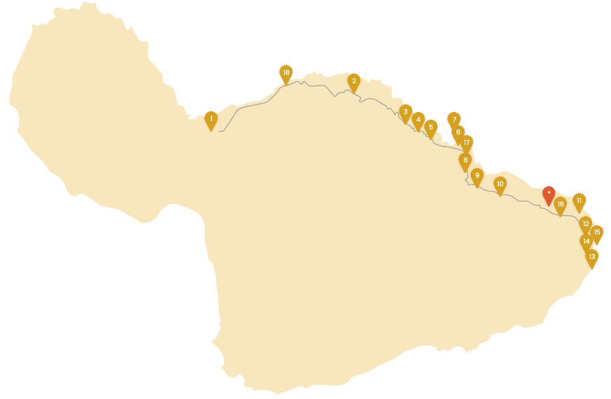 Illustrated Maui map showing the 18-stop Hana and Back route