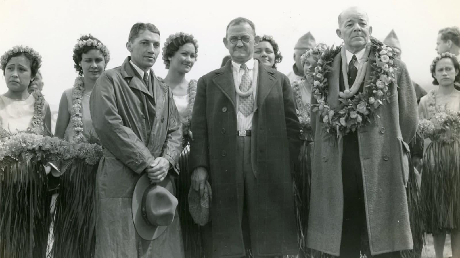 Hula performers and officials wearing lei at the Haleakalā Highway opening in 1935