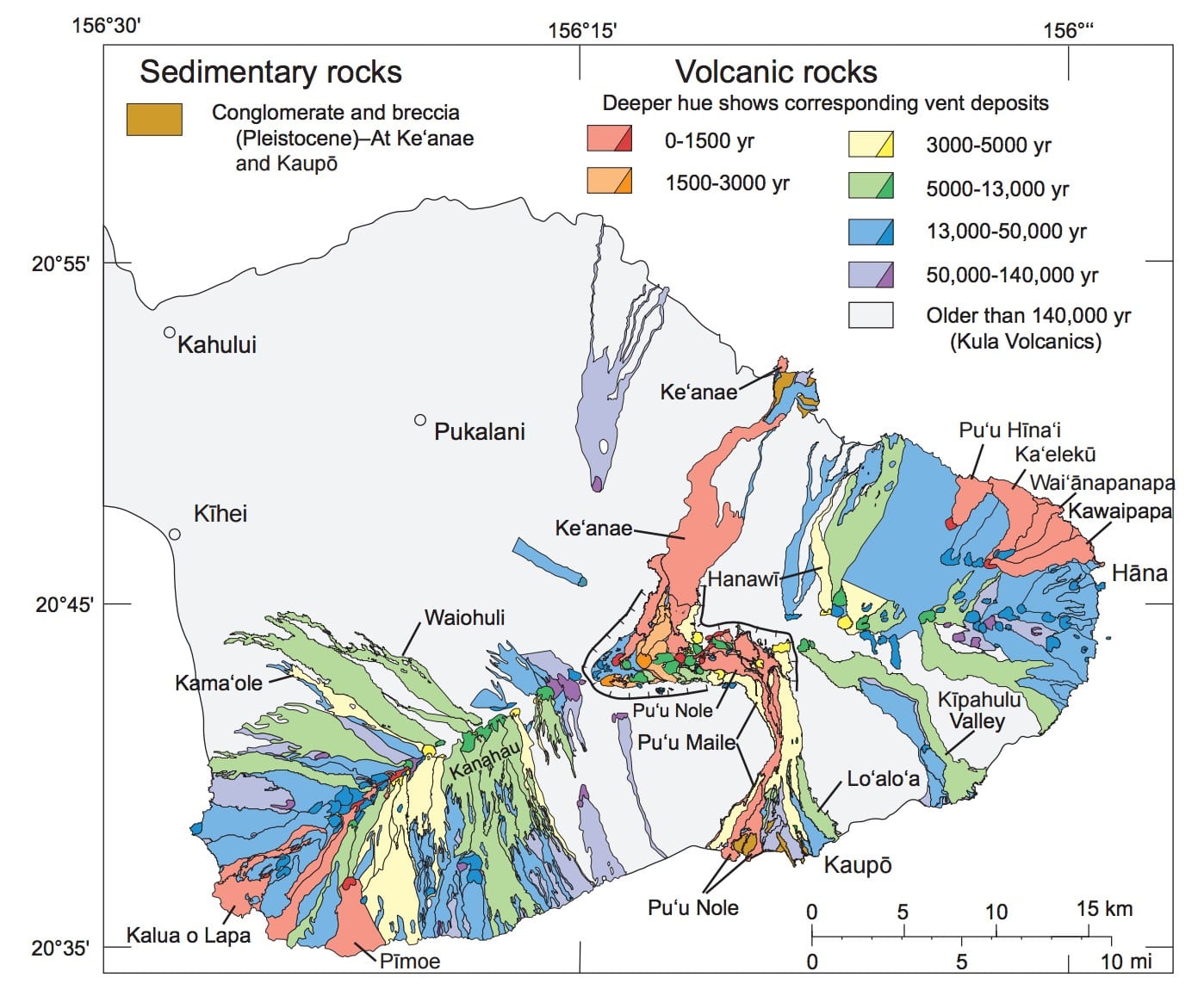 USGS map of Hāna Volcanics by age, including Kalua o Lapa on Haleakalā’s southwest flank