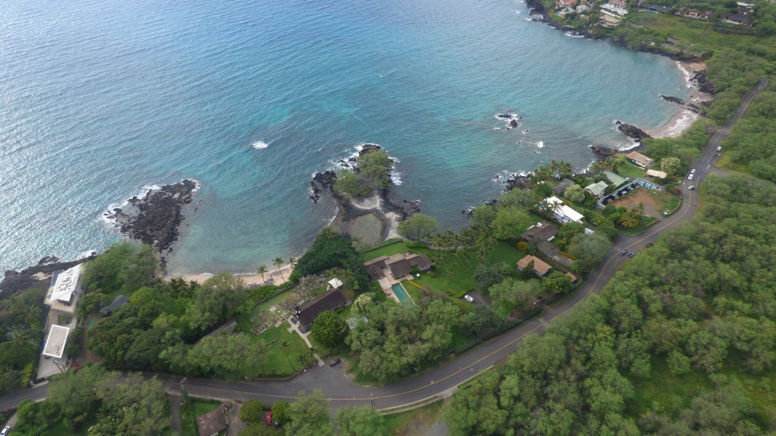 Aerial view of Mākena Landing and the rocky South Maui shoreline