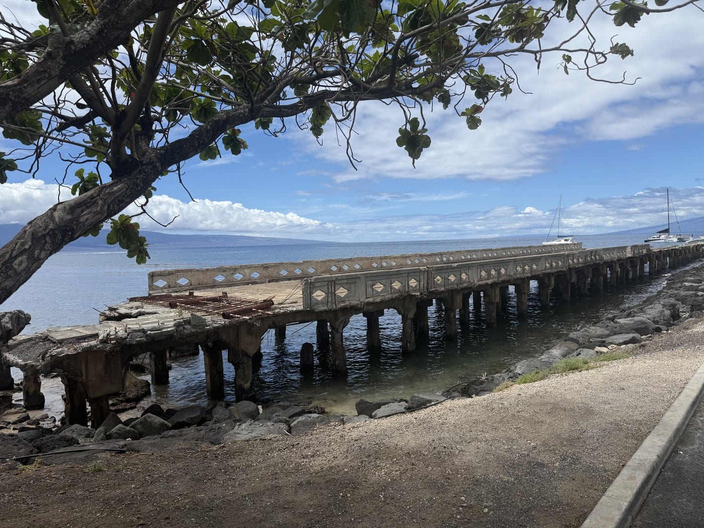 Broken concrete deck and exposed pilings of Māla Wharf viewed from shore
