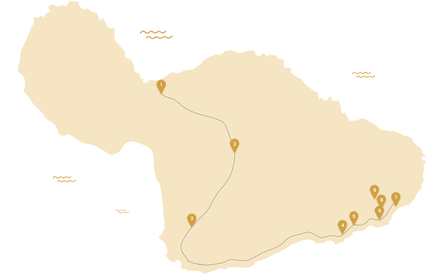 Illustrated Maui route map with nine numbered Waimoku Falls itinerary stops