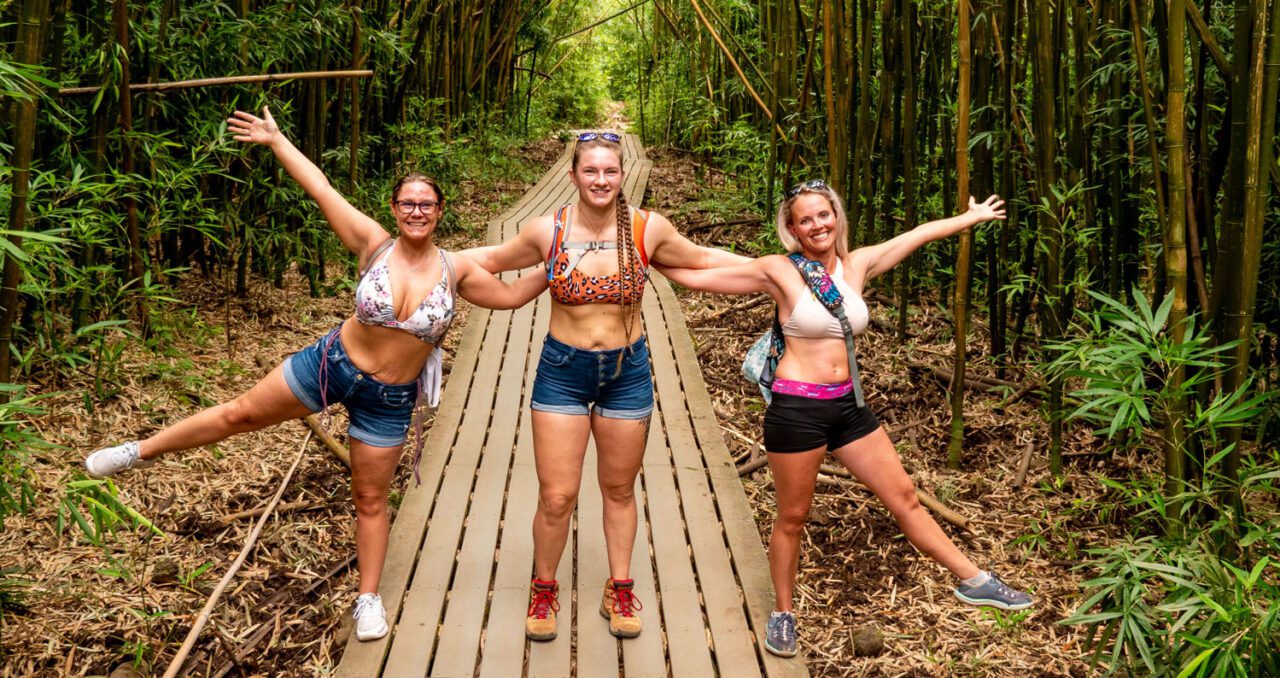 Guests enjoying the bamboo forest along the Pipiwai Trail