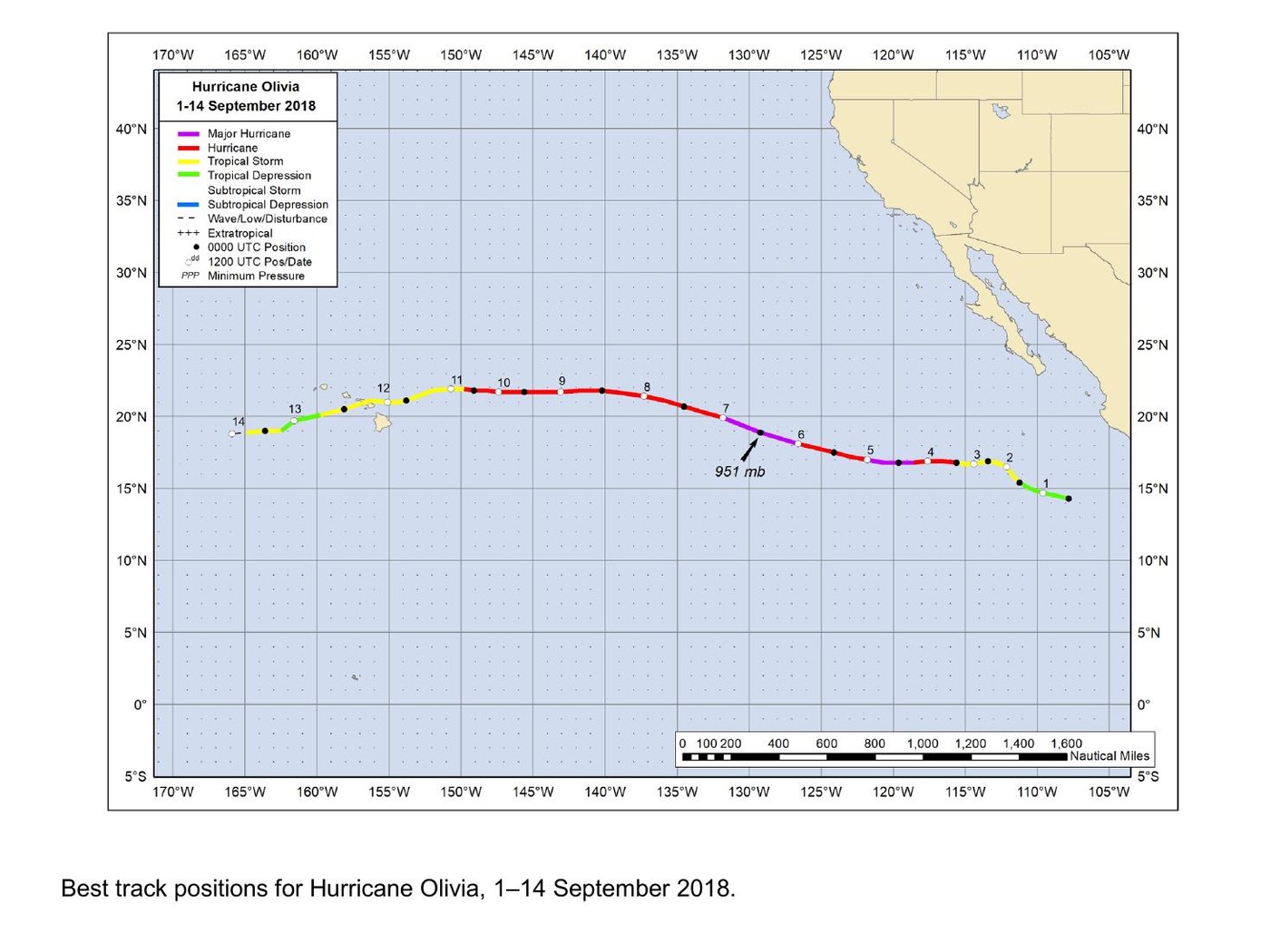 NOAA best-track map for Hurricane Olivia from September 1 through 14, 2018