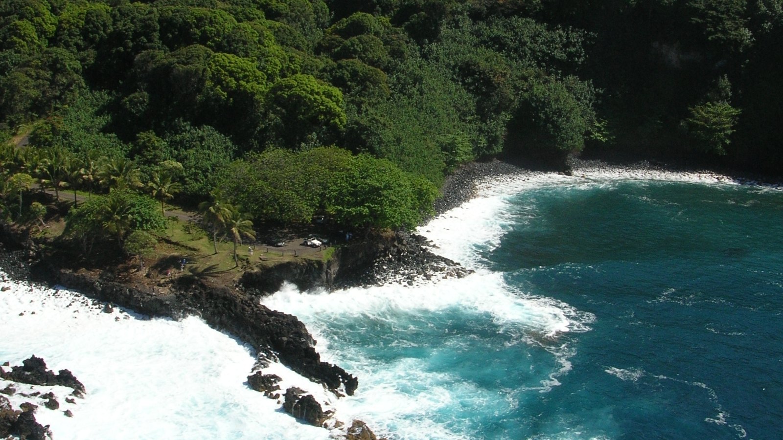Aerial view of the exposed rocky coast at Nāhiku Landing on East Maui